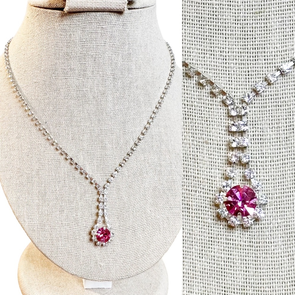 Vintage Y2K Icing Barbiecore Pink Y Drop Rhinestone Necklace